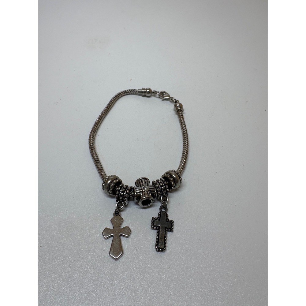 Silver Tone Religious Cross Charm Snake Chain Bracelet Rhinestone Accent